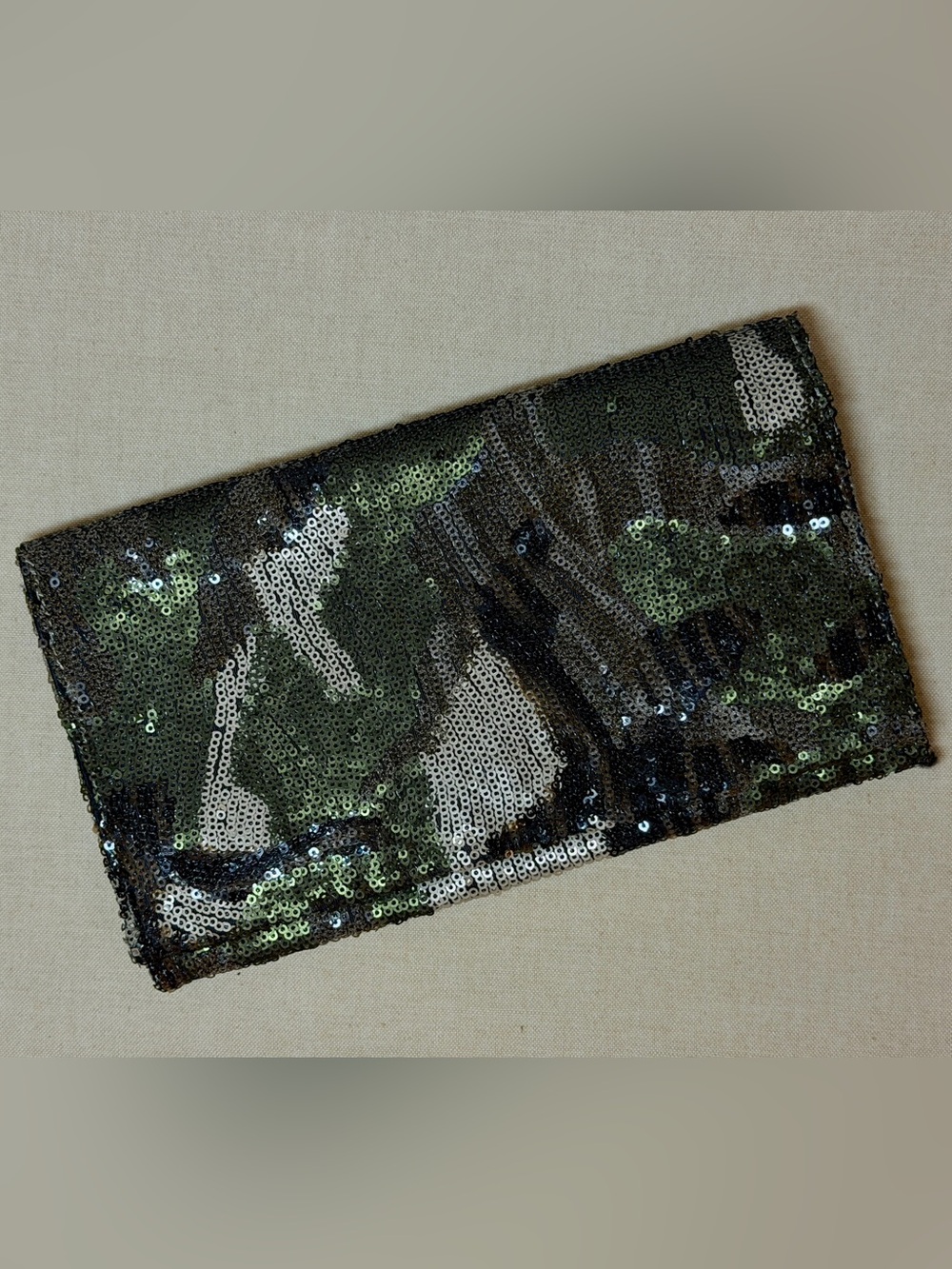 Sequined Evening Clutch in Olive Green and Black Camouflage